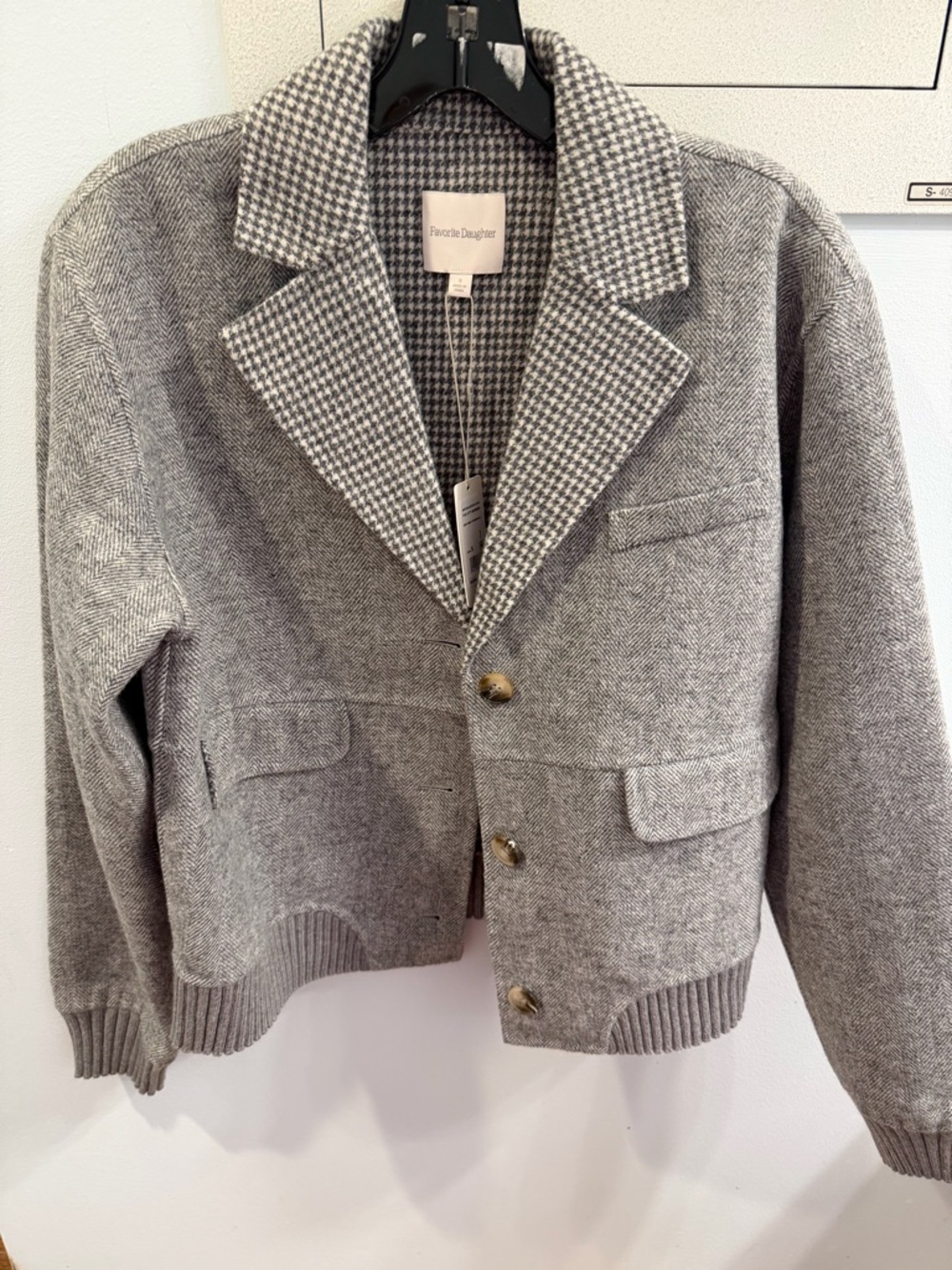 Favorite Daughter Gray Herringbone Bomber Jacket with Houndstooth Collar